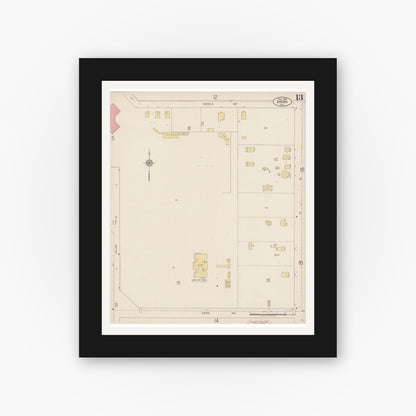 Old map wall art mockup — black gallery frame with white mat — Sanborn Fire Insurance Map from Dinuba, Tulare County, California (1920), Sheet #0013