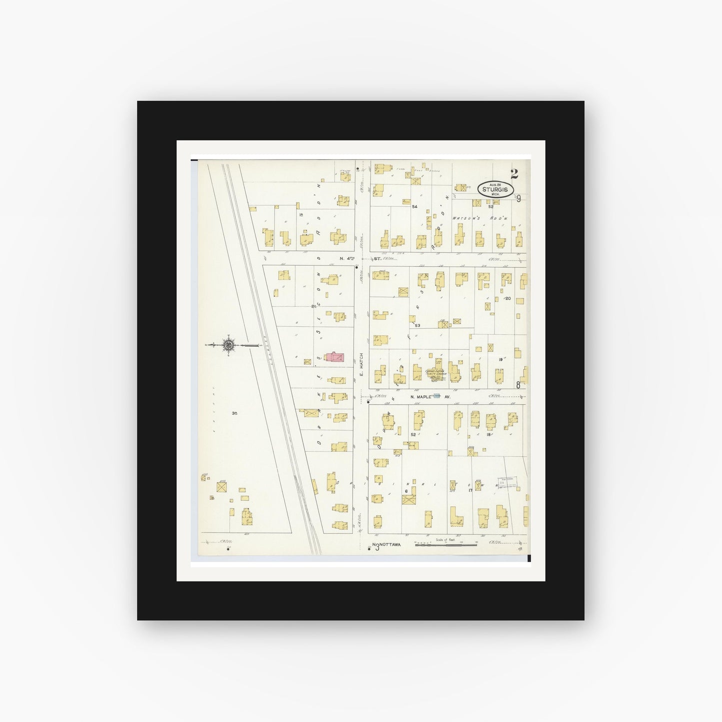 Old map wall art mockup — black gallery frame with white mat — Sanborn Fire Insurance Map from Sturgis, Saint Joseph County, Michigan (1911), Sheet #0002