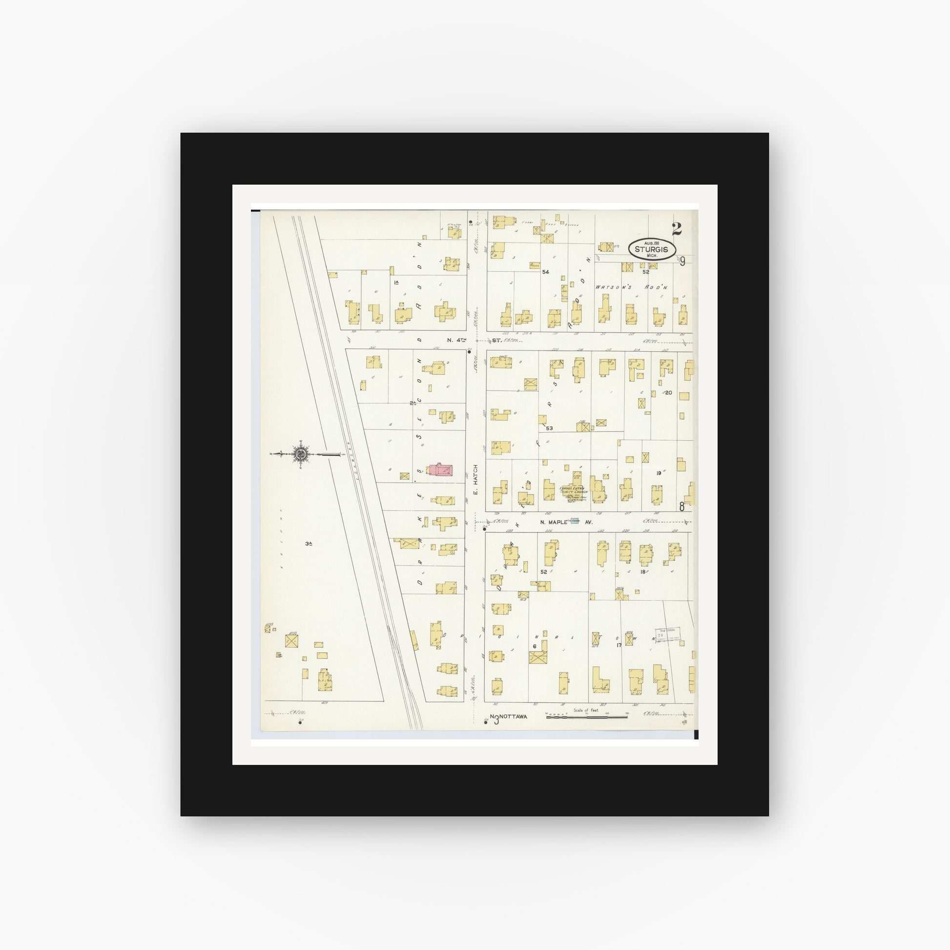 Old map wall art mockup — black gallery frame with white mat — Sanborn Fire Insurance Map from Sturgis, Saint Joseph County, Michigan (1911), Sheet #0002