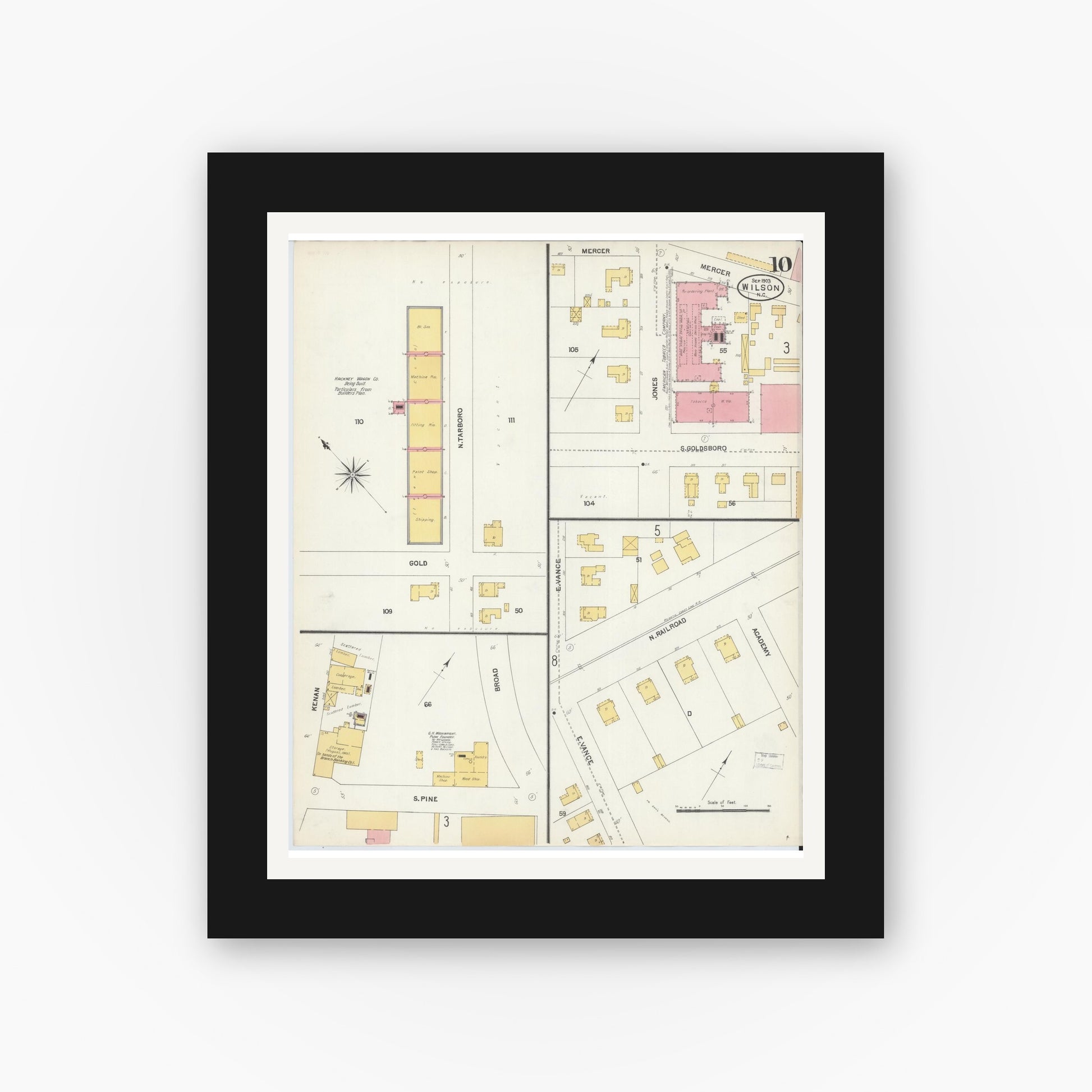 Old map wall art mockup — black gallery frame with white mat — Sanborn Fire Insurance Map from Wilson, Wilson County, North Carolina (1903), Sheet #0010