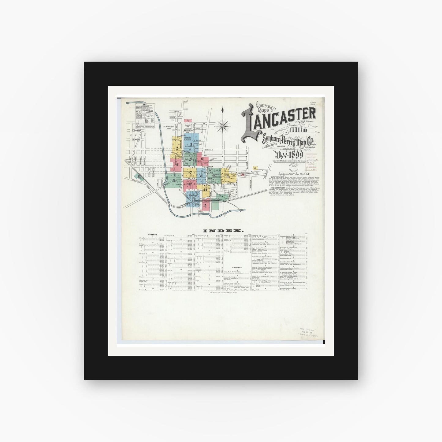 Old map wall art mockup — black gallery frame with white mat — Sanborn Fire Insurance Map from Lancaster, Fairfield County, Ohio (1899), Sheet #0001