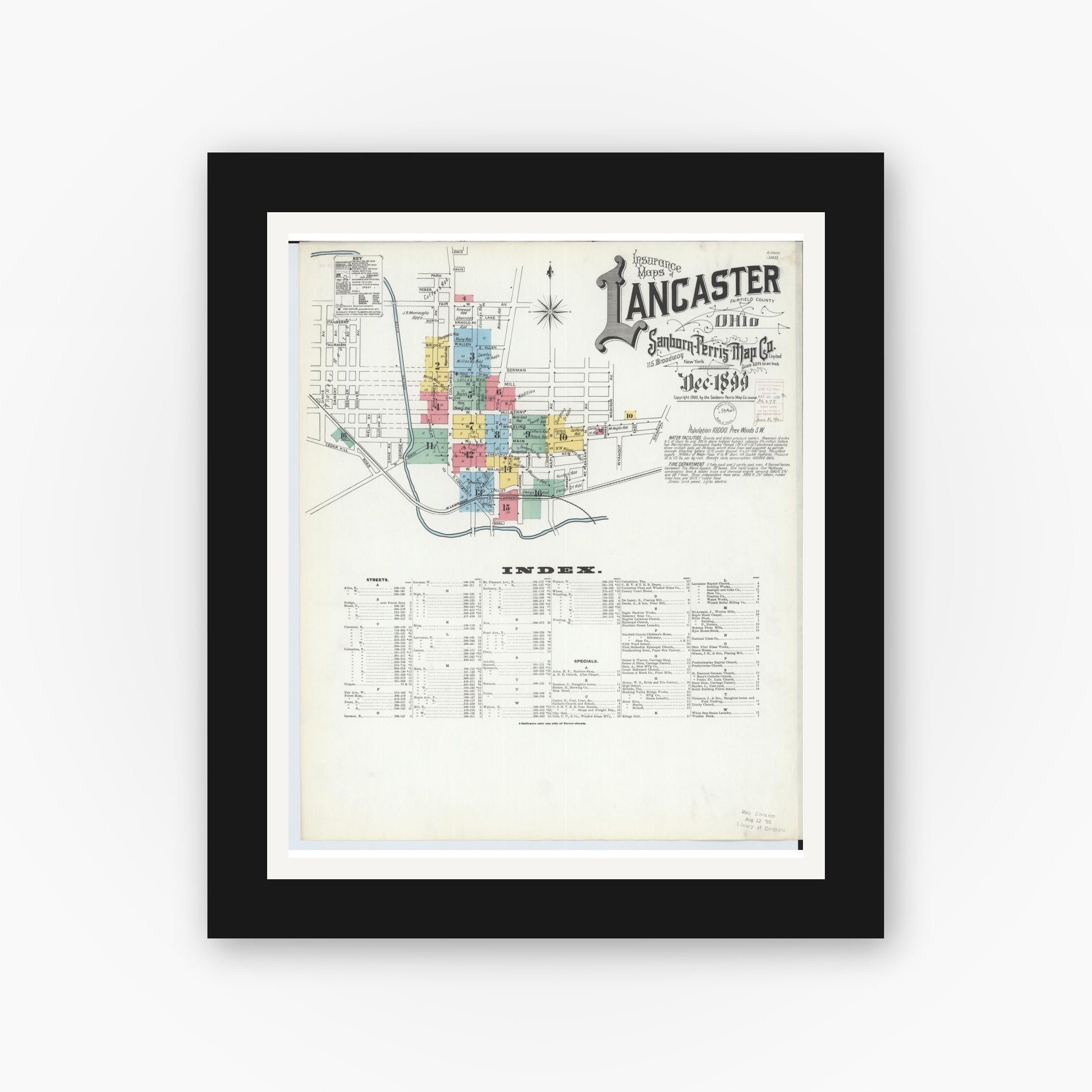 Old map wall art mockup — black gallery frame with white mat — Sanborn Fire Insurance Map from Lancaster, Fairfield County, Ohio (1899), Sheet #0001