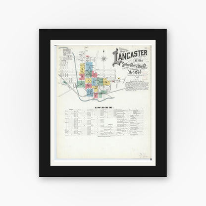 Old map wall art mockup — black gallery frame with white mat — Sanborn Fire Insurance Map from Lancaster, Fairfield County, Ohio (1899), Sheet #0001