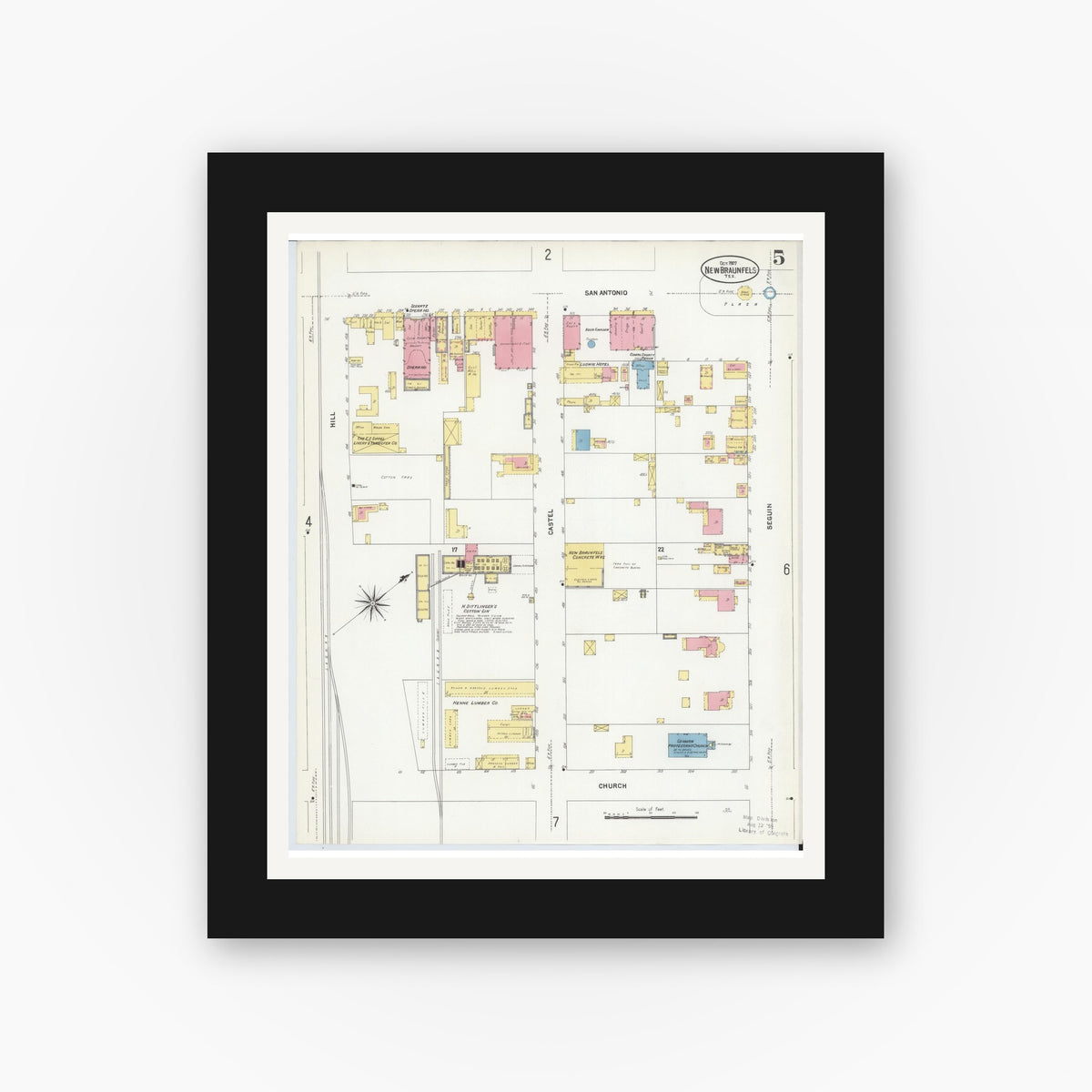 Old map wall art mockup — black gallery frame with white mat — Sanborn Fire Insurance Map from New Braunfels, Comal County, Texas (1907), Sheet #0005