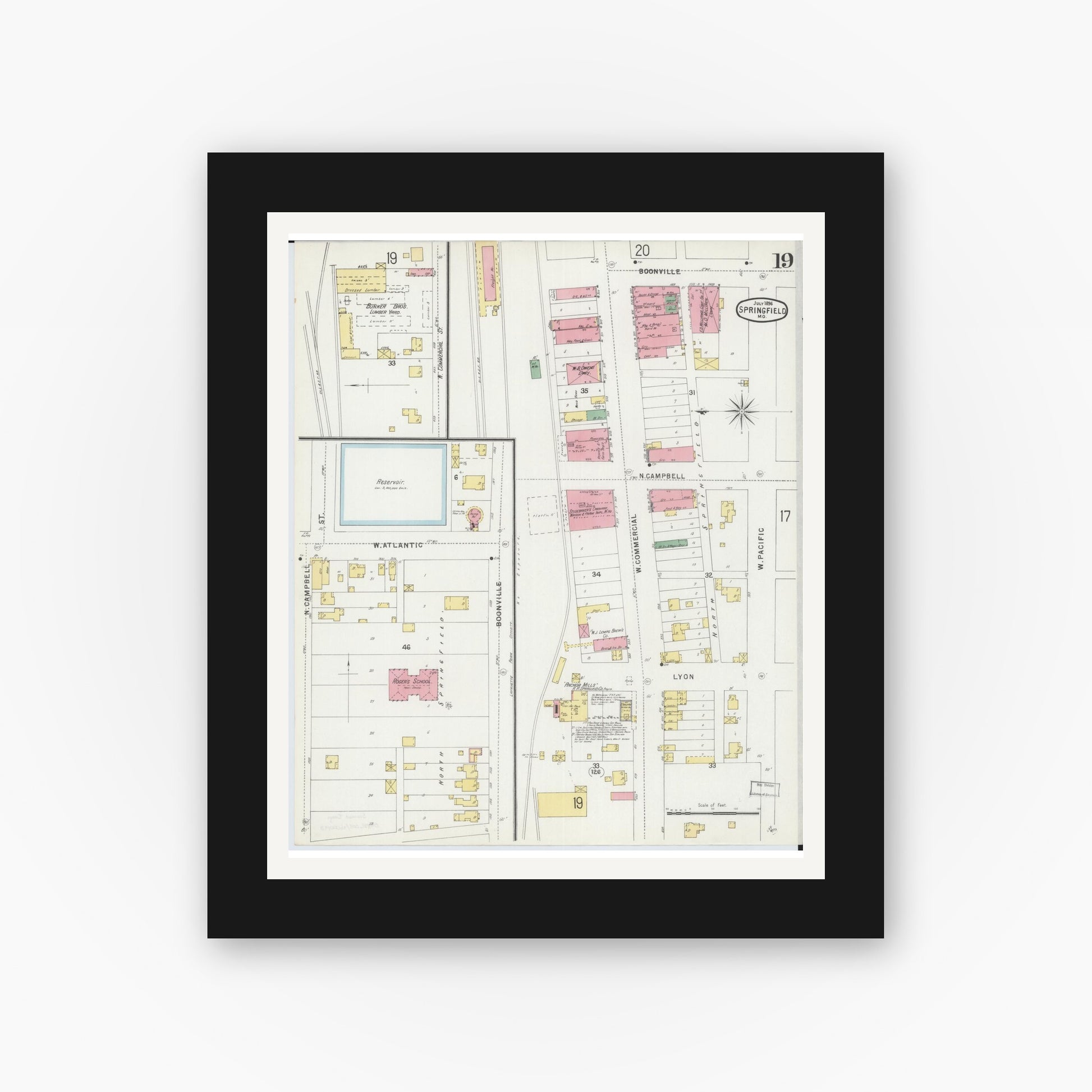 Old map wall art mockup — black gallery frame with white mat — Sanborn Fire Insurance Map from Springfield, Greene County, Missouri (1896), Sheet #0019