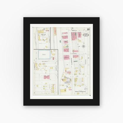 Old map wall art mockup — black gallery frame with white mat — Sanborn Fire Insurance Map from Springfield, Greene County, Missouri (1896), Sheet #0019