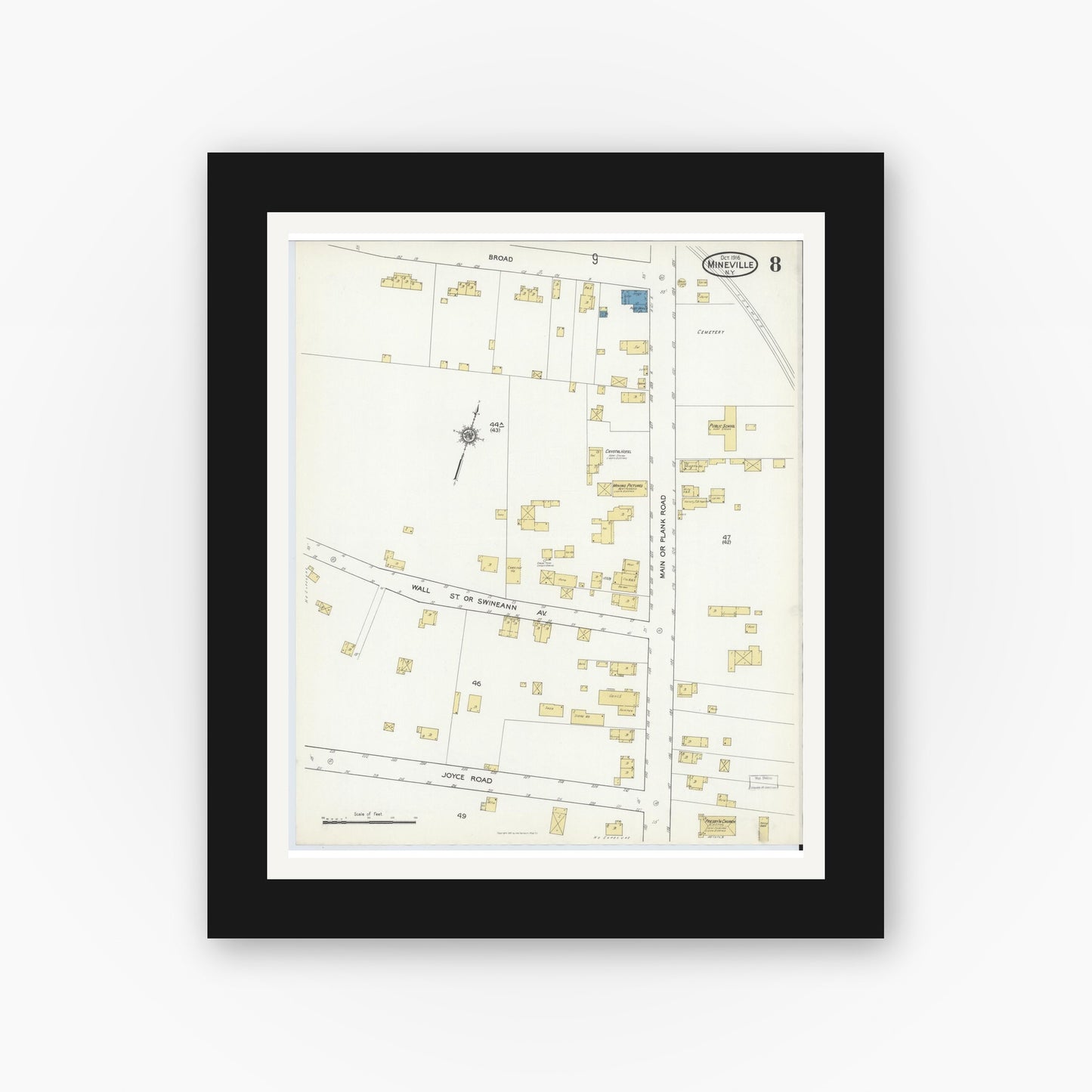 Old map wall art mockup — black gallery frame with white mat — Sanborn Fire Insurance Map from Mineville, Essex County, New York (1916), Sheet #0008