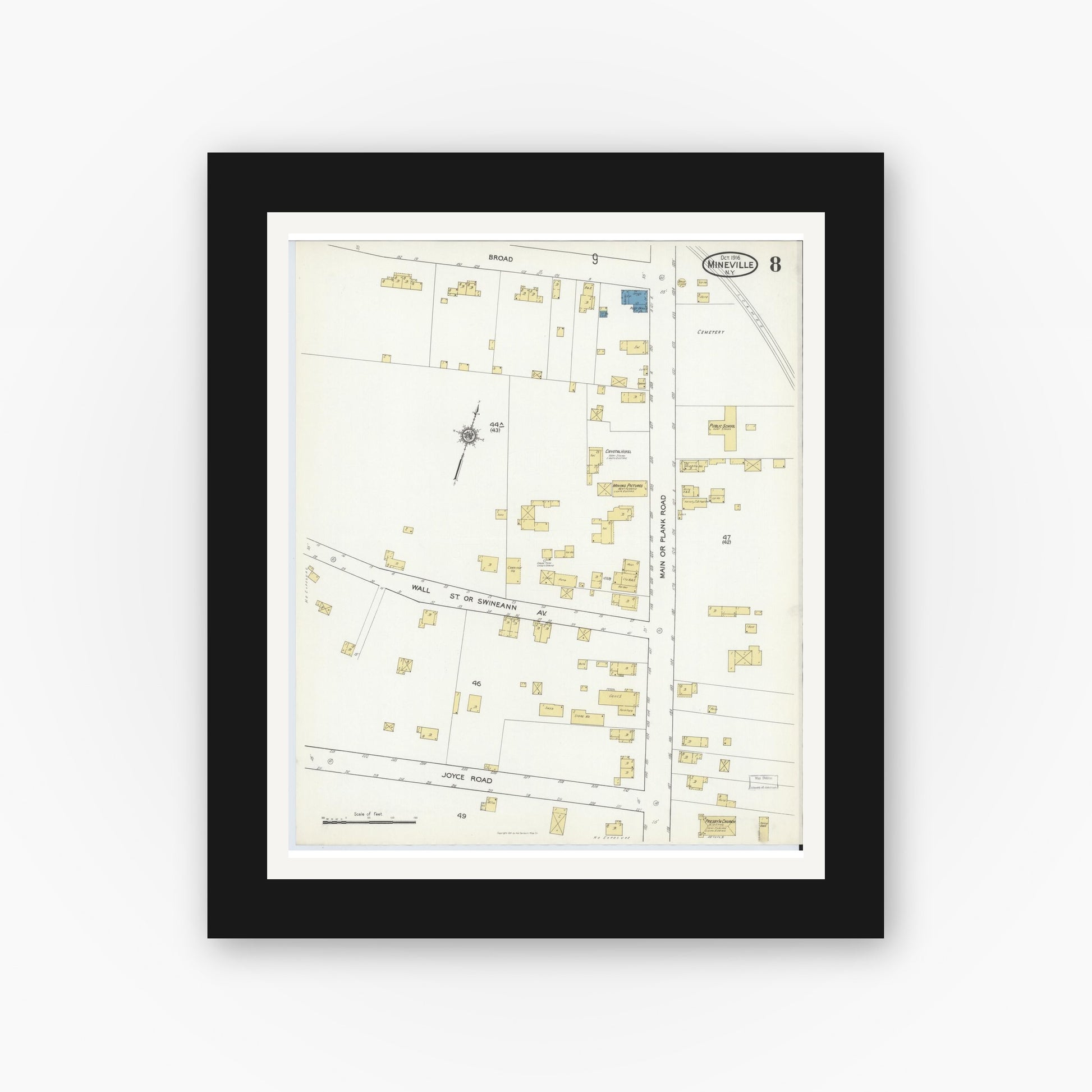 Old map wall art mockup — black gallery frame with white mat — Sanborn Fire Insurance Map from Mineville, Essex County, New York (1916), Sheet #0008