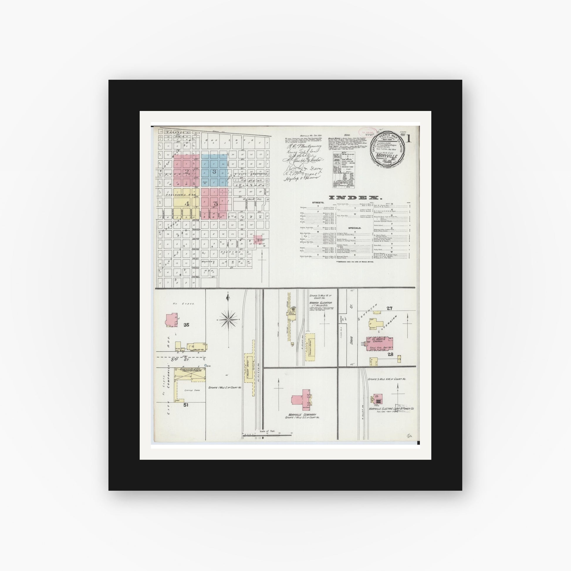Old map wall art mockup — black gallery frame with white mat — Sanborn Fire Insurance Map from Maryville, Nodaway County, Missouri (1891), Sheet #0001