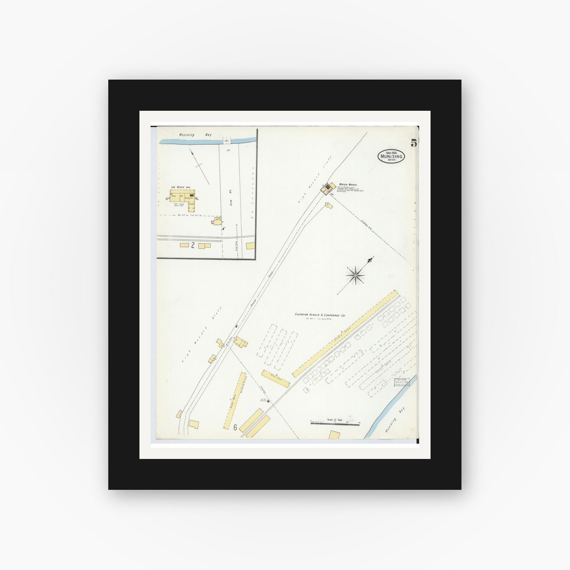 Old map wall art mockup — black gallery frame with white mat — Sanborn Fire Insurance Map from Munising, Alger County, Michigan (1906), Sheet #0005