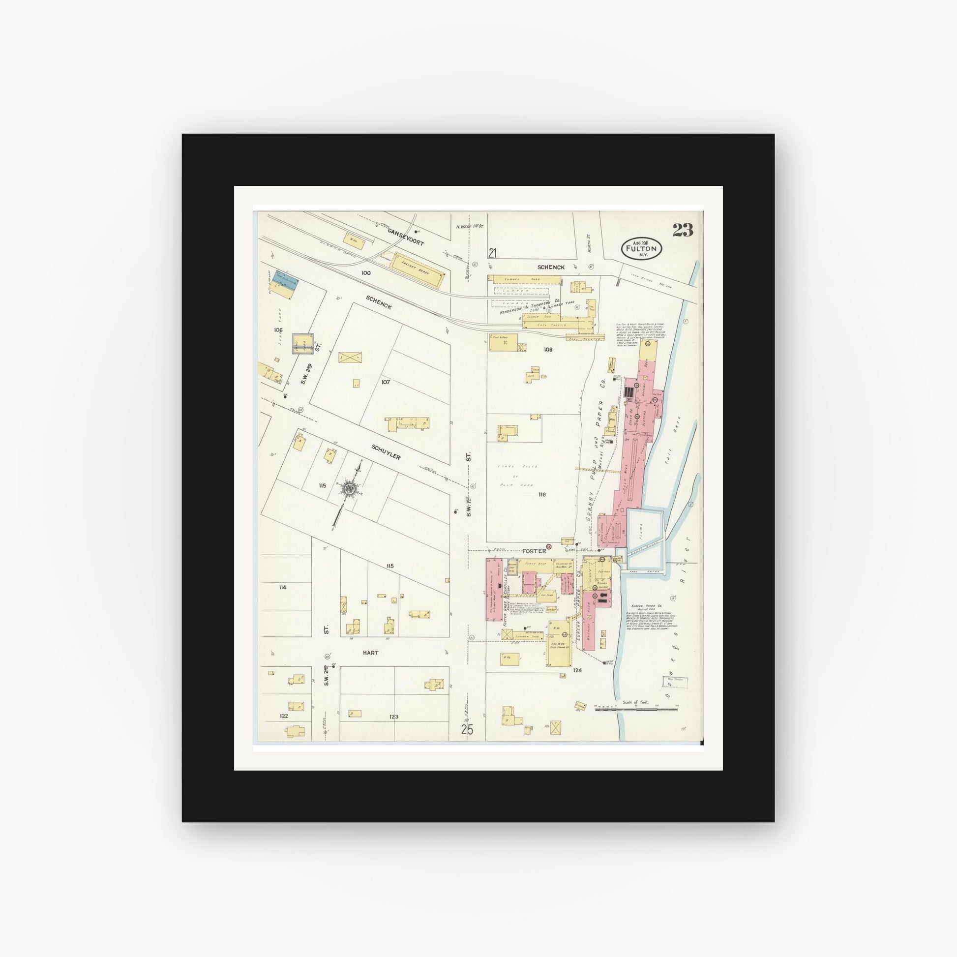 Old map wall art mockup — black gallery frame with white mat — Sanborn Fire Insurance Map from Fulton, Oswego County, New York (1911), Sheet #0023