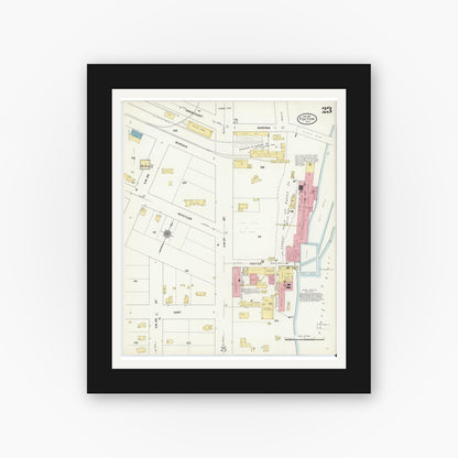 Old map wall art mockup — black gallery frame with white mat — Sanborn Fire Insurance Map from Fulton, Oswego County, New York (1911), Sheet #0023