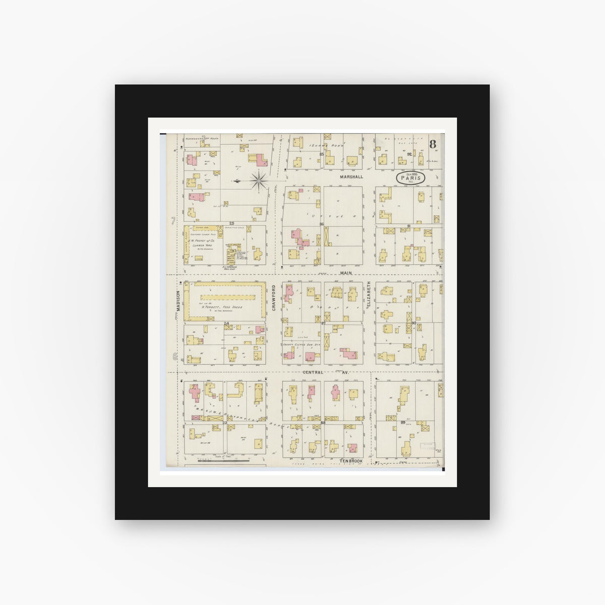 Old map wall art mockup — black gallery frame with white mat — Sanborn Fire Insurance Map from Paris, Edgar County, Illinois (1895), Sheet #0008