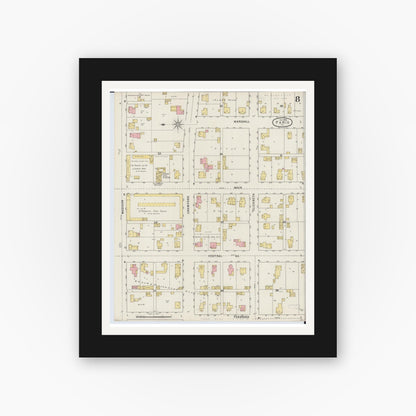 Old map wall art mockup — black gallery frame with white mat — Sanborn Fire Insurance Map from Paris, Edgar County, Illinois (1895), Sheet #0008