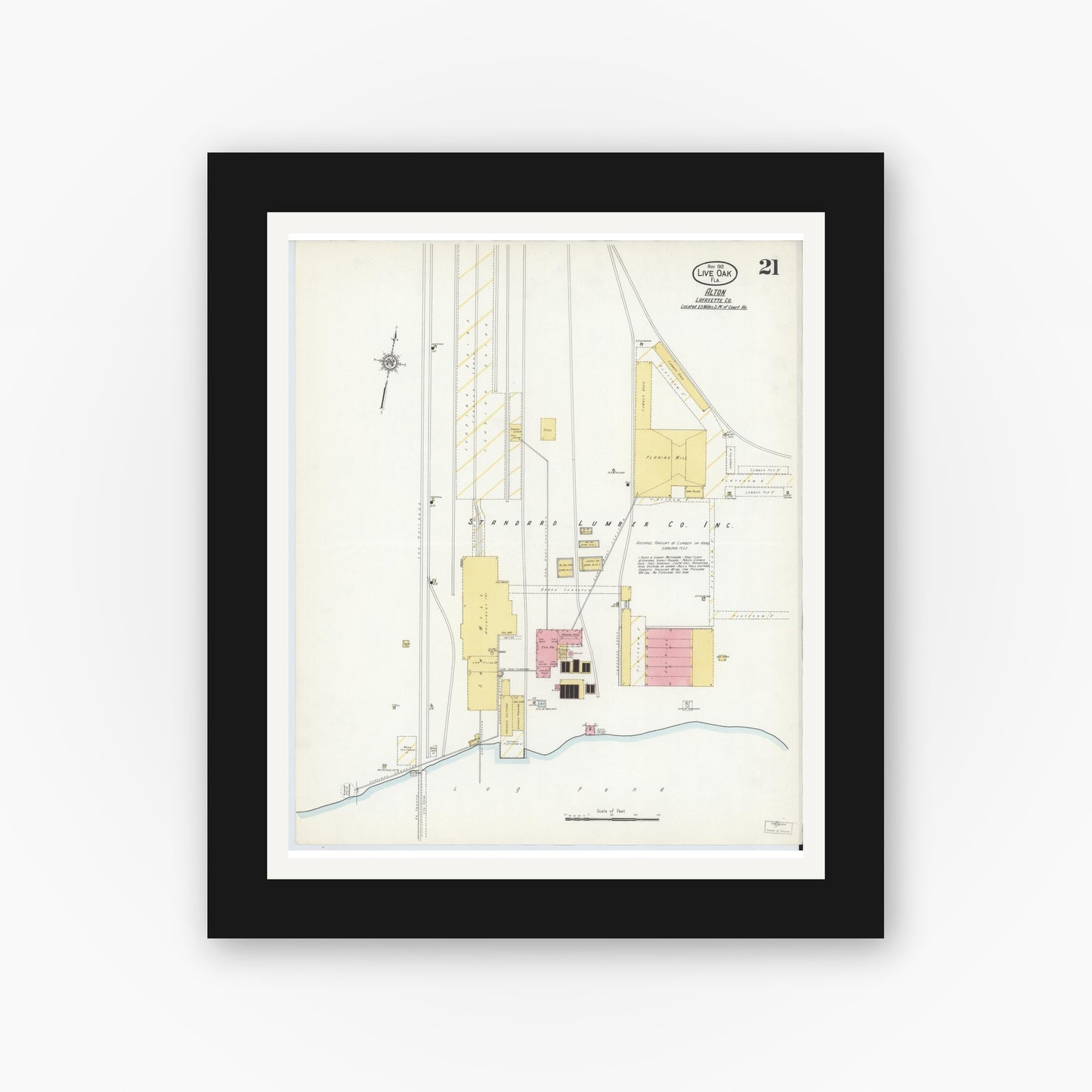 Old map wall art mockup — black gallery frame with white mat — Sanborn Fire Insurance Map from Live Oak, Suwanee County, Florida (1912), Sheet #0021