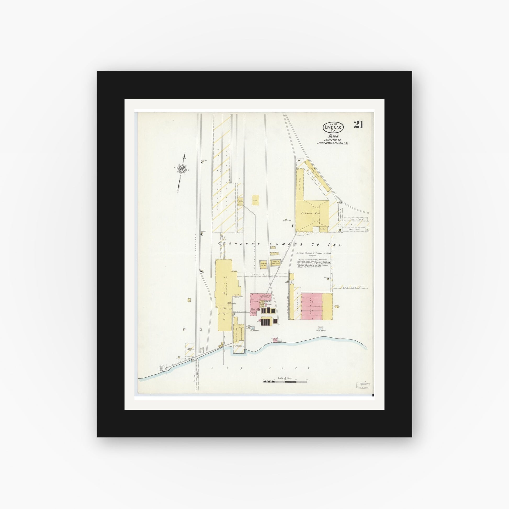 Old map wall art mockup — black gallery frame with white mat — Sanborn Fire Insurance Map from Live Oak, Suwanee County, Florida (1912), Sheet #0021