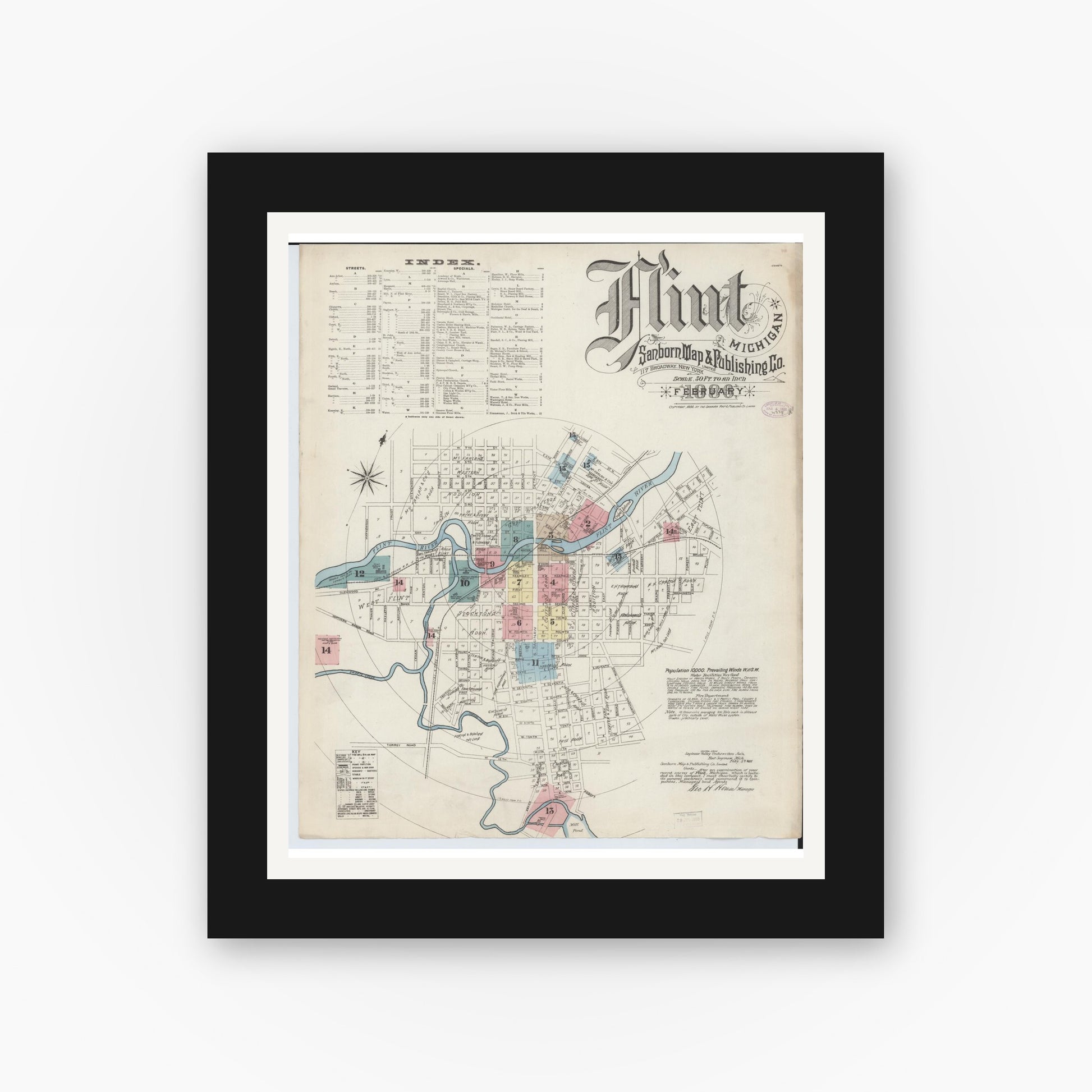 Old map wall art mockup — black gallery frame with white mat — Sanborn Fire Insurance Map from Flint, Genesee County, Michigan (1886) - Complete Map Set