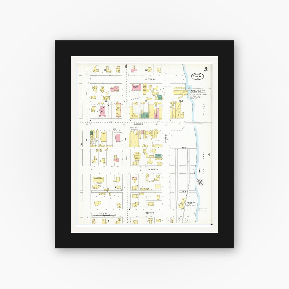 Old map wall art mockup — black gallery frame with white mat — Sanborn Fire Insurance Map from Waverly, Bremer County, Iowa (1905), Sheet #0003