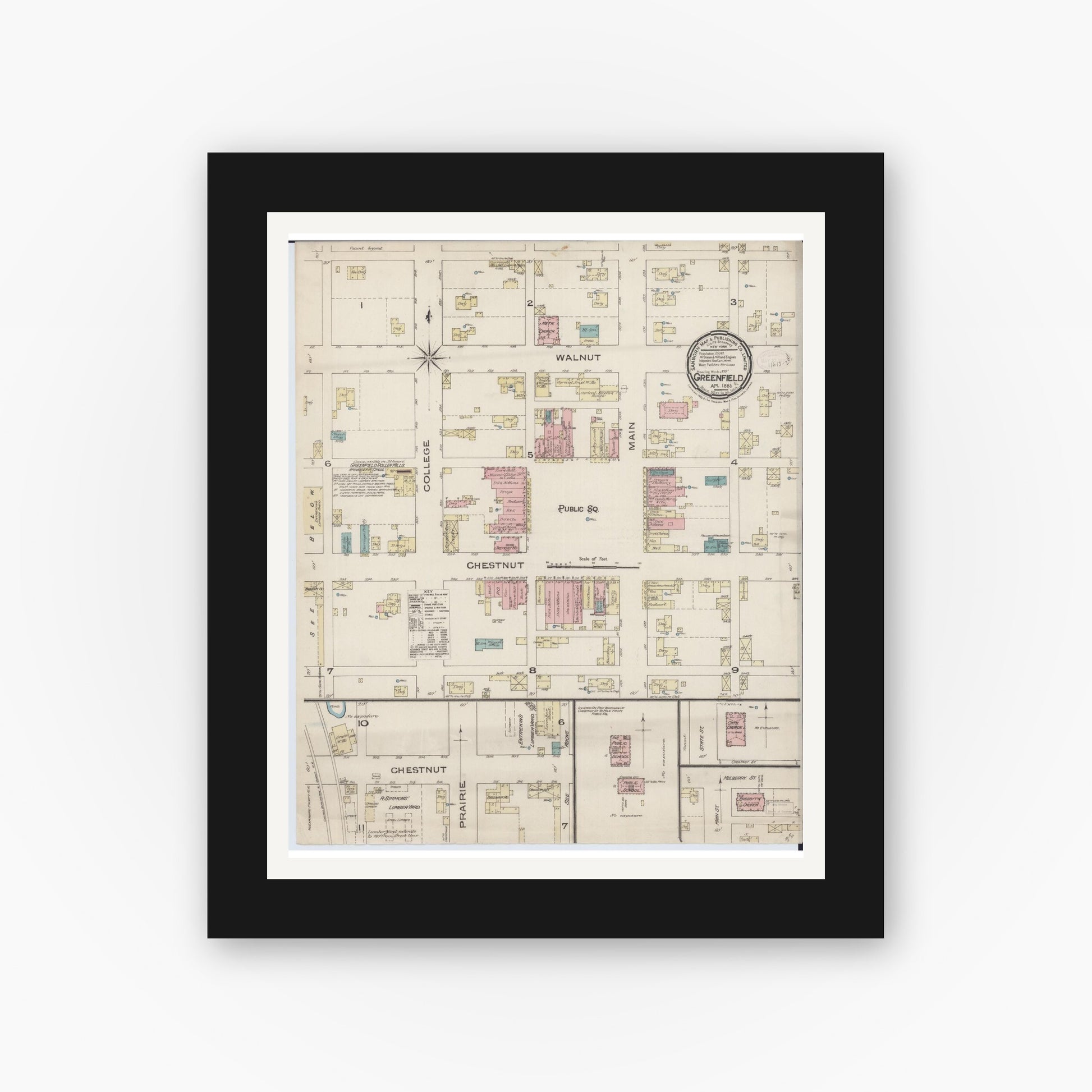 Old map wall art mockup — black gallery frame with white mat — Sanborn Fire Insurance Map from Greenfield, Greene County, Illinois (1885), Sheet #0001