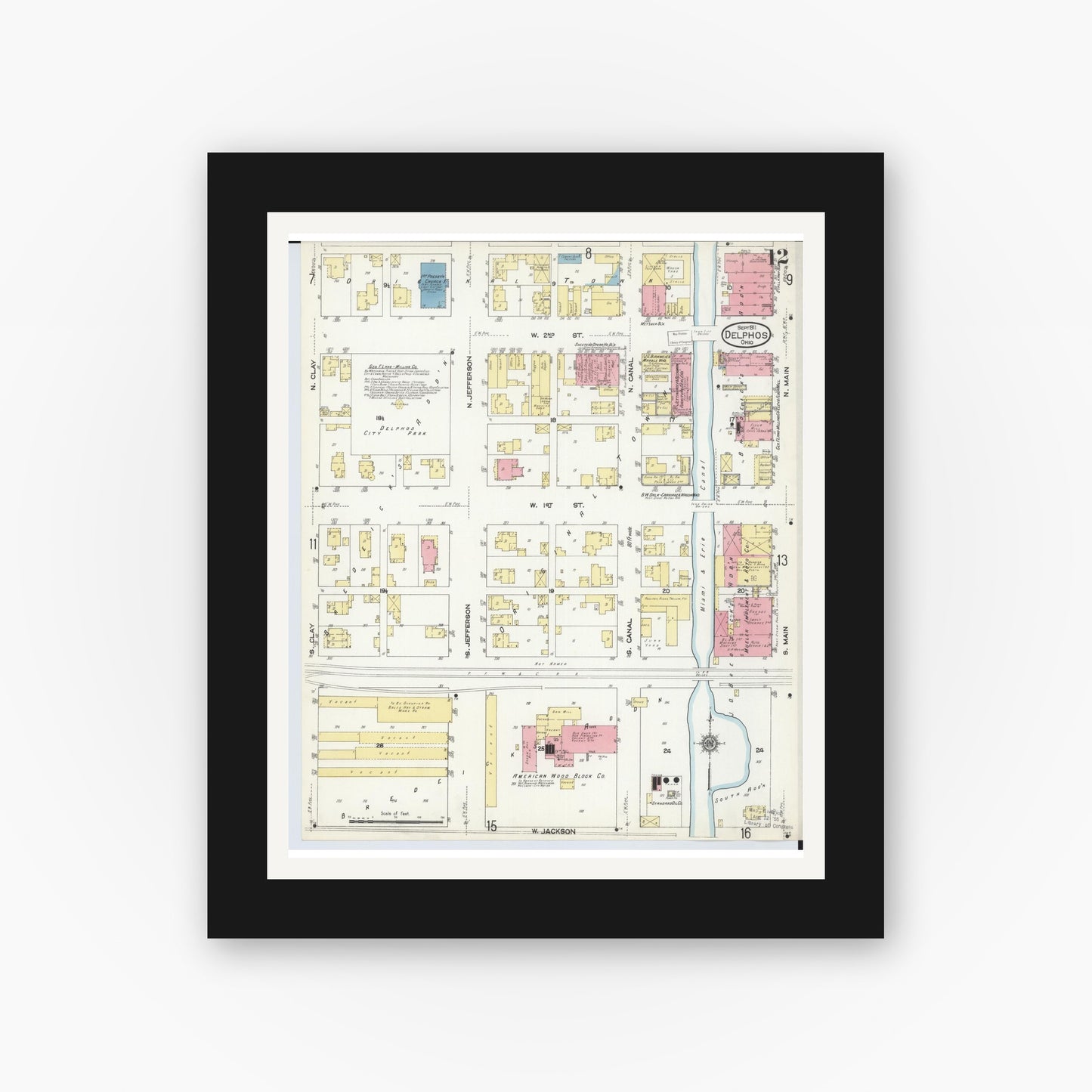 Old map wall art mockup — black gallery frame with white mat — Sanborn Fire Insurance Map from Delphos, Van Wert And Allen Counties, Ohio (1911), Sheet #0012