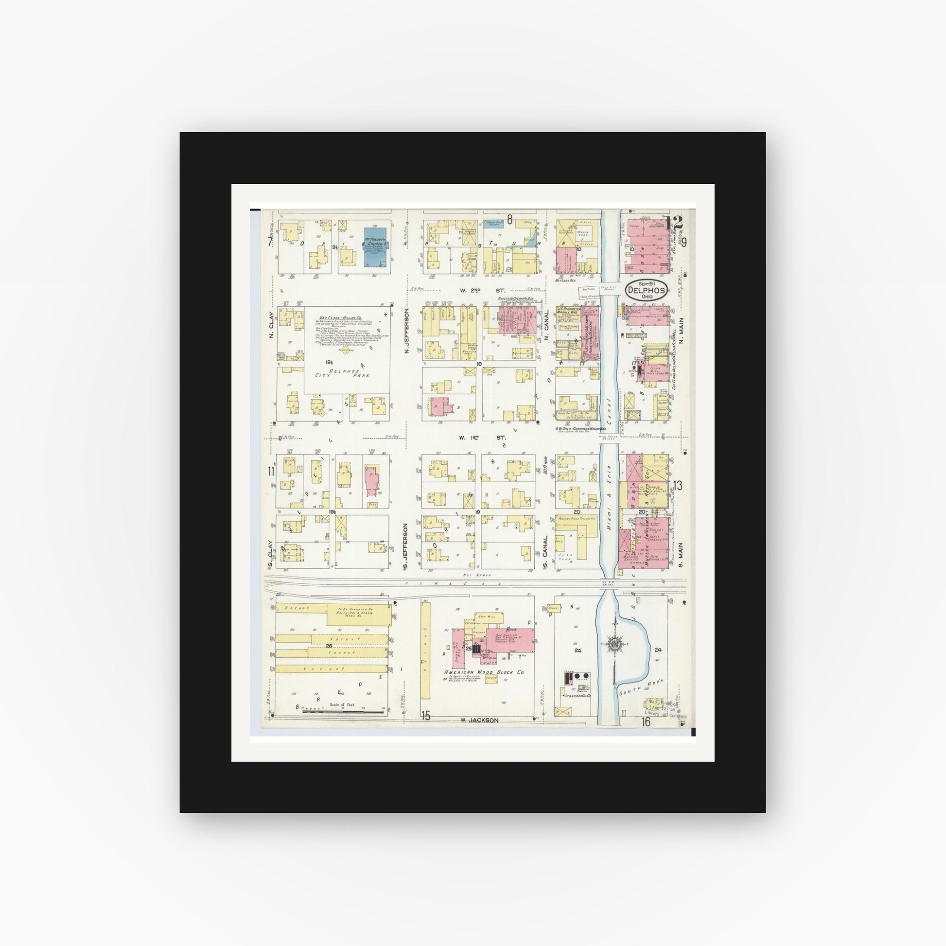 Old map wall art mockup — black gallery frame with white mat — Sanborn Fire Insurance Map from Delphos, Van Wert And Allen Counties, Ohio (1911), Sheet #0012