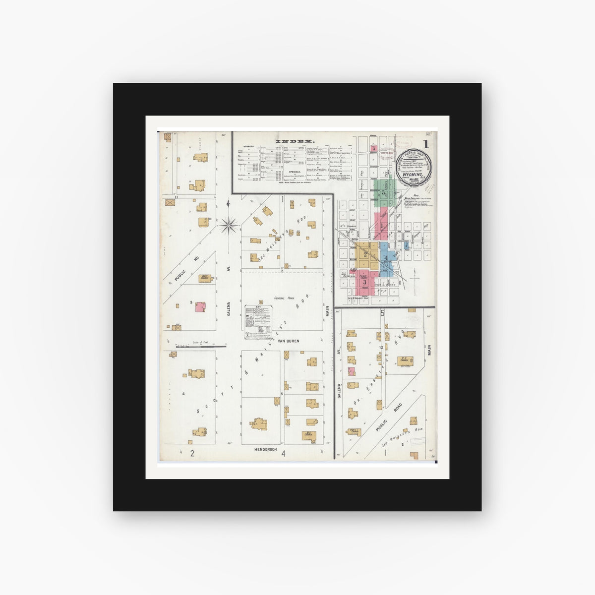 Old map wall art mockup — black gallery frame with white mat — Sanborn Fire Insurance Map from Wyoming, Stark County, Illinois (1899) - Complete Map Set