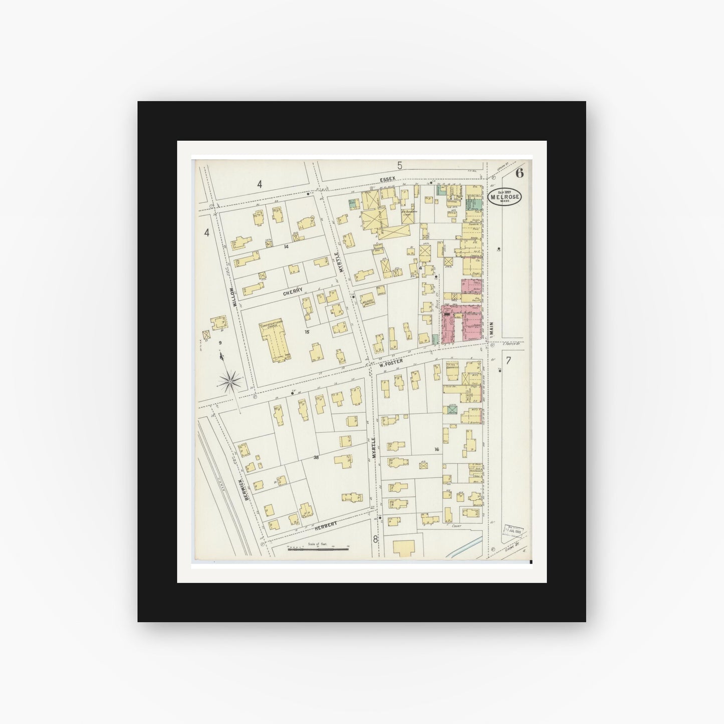 Old map wall art mockup — black gallery frame with white mat — Sanborn Fire Insurance Map from Melrose, Middlesex County, Massachusetts (1897), Sheet #0006