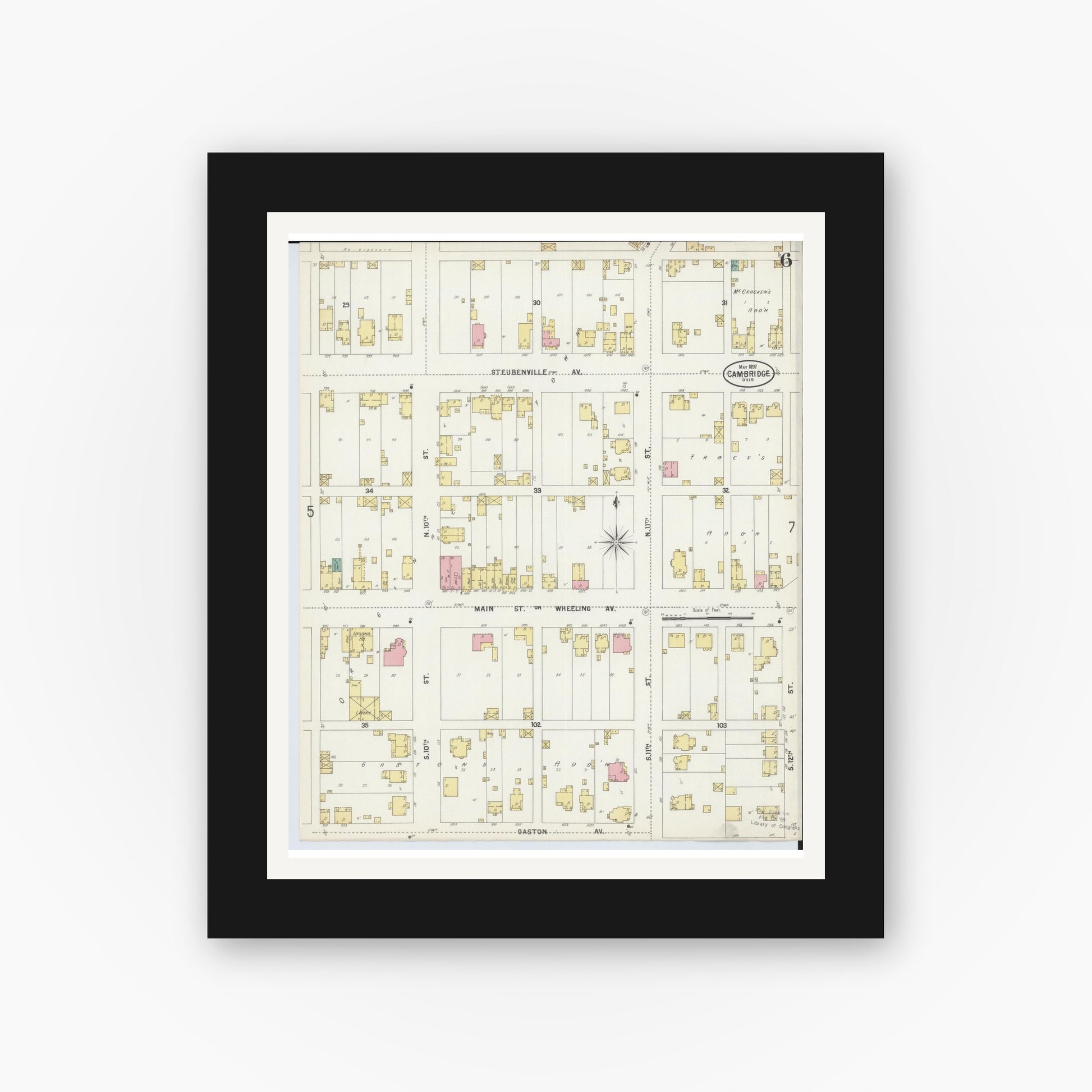 Old map wall art mockup — black gallery frame with white mat — Sanborn Fire Insurance Map from Cambridge, Guernsey County, Ohio (1897), Sheet #0006