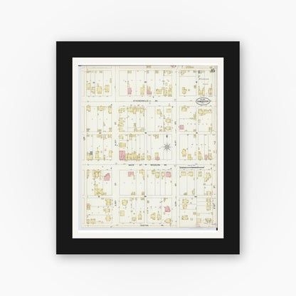 Old map wall art mockup — black gallery frame with white mat — Sanborn Fire Insurance Map from Cambridge, Guernsey County, Ohio (1897), Sheet #0006