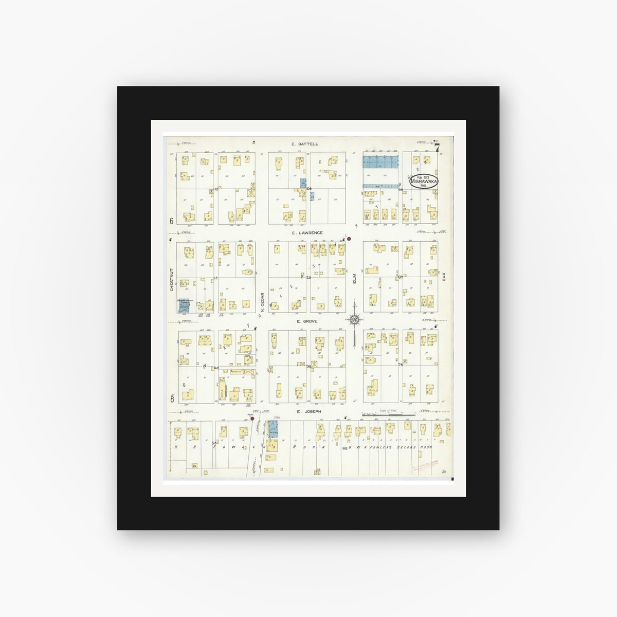 Old map wall art mockup — black gallery frame with white mat — Sanborn Fire Insurance Map from Mishawaka, Saint Joseph County, Indiana (1913), Sheet #0007