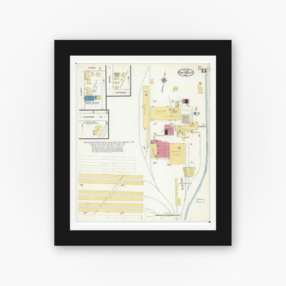 Old map wall art mockup — black gallery frame with white mat — Sanborn Fire Insurance Map from Poplar Bluff, Butler County, Missouri (1917), Sheet #0013