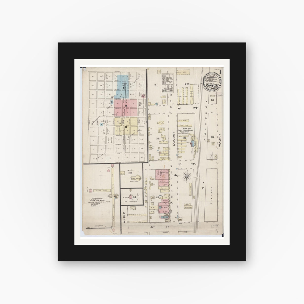 Old map wall art mockup — black gallery frame with white mat — Sanborn Fire Insurance Map from Fairbury, Livingston County, Illinois (1885) - Complete Map Set
