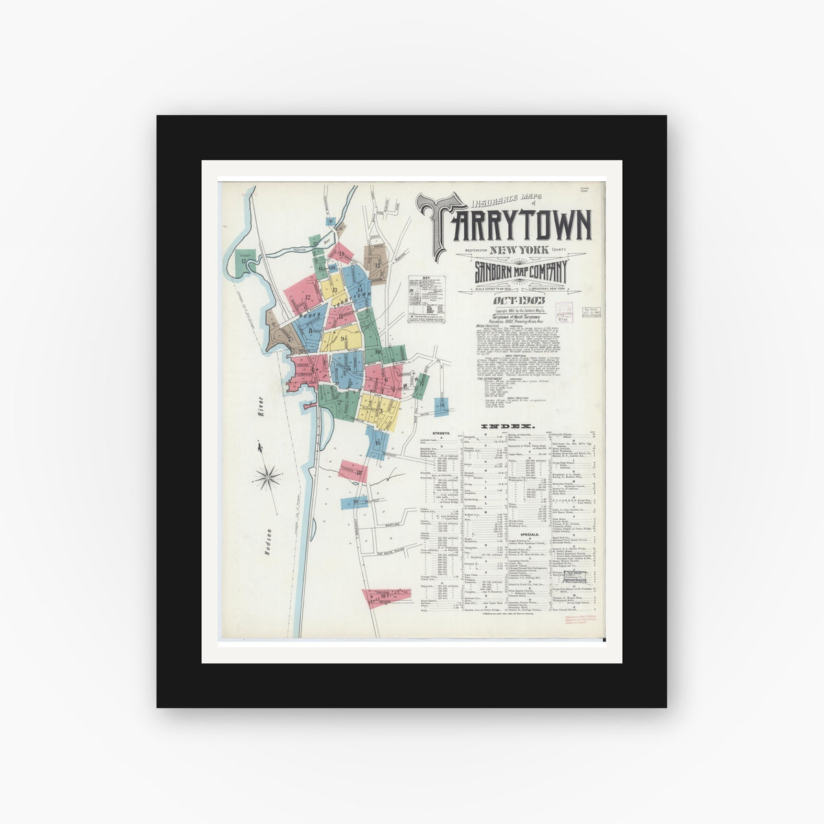 Old map wall art mockup — black gallery frame with white mat — Sanborn Fire Insurance Map from Tarrytown, Westchester County, New York (1903), Sheet #0001