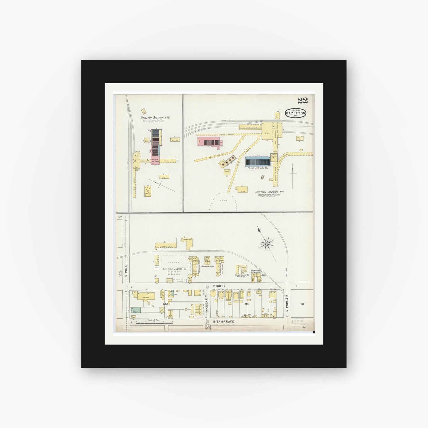Old map wall art mockup — black gallery frame with white mat — Sanborn Fire Insurance Map from Hazleton, Luzerne County, Pennsylvania (1895), Sheet #0022