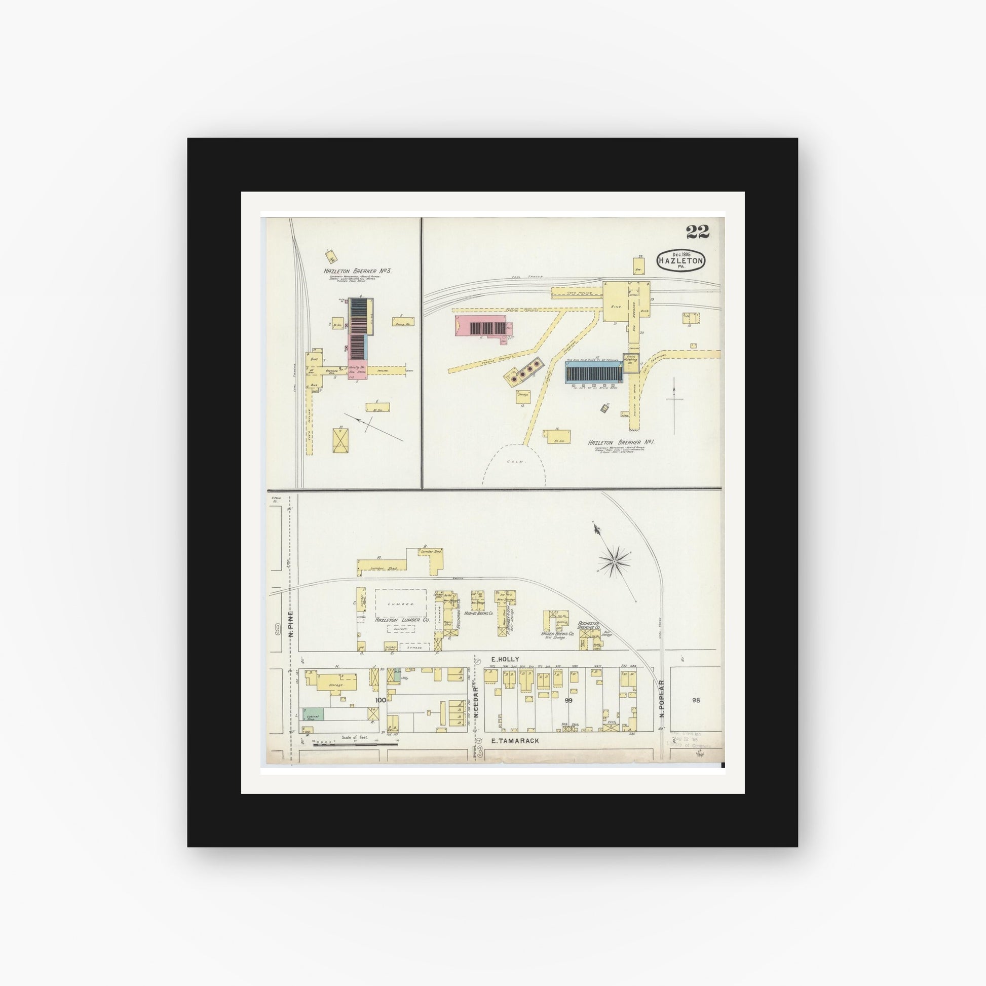 Old map wall art mockup — black gallery frame with white mat — Sanborn Fire Insurance Map from Hazleton, Luzerne County, Pennsylvania (1895), Sheet #0022