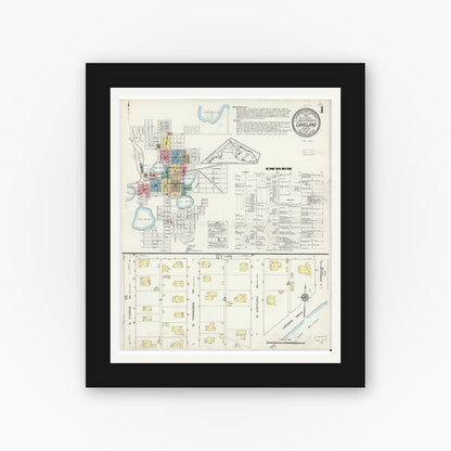 Old map wall art mockup — black gallery frame with white mat — Sanborn Fire Insurance Map from Lakeland, Polk County, Florida (1913) - Complete Map Set