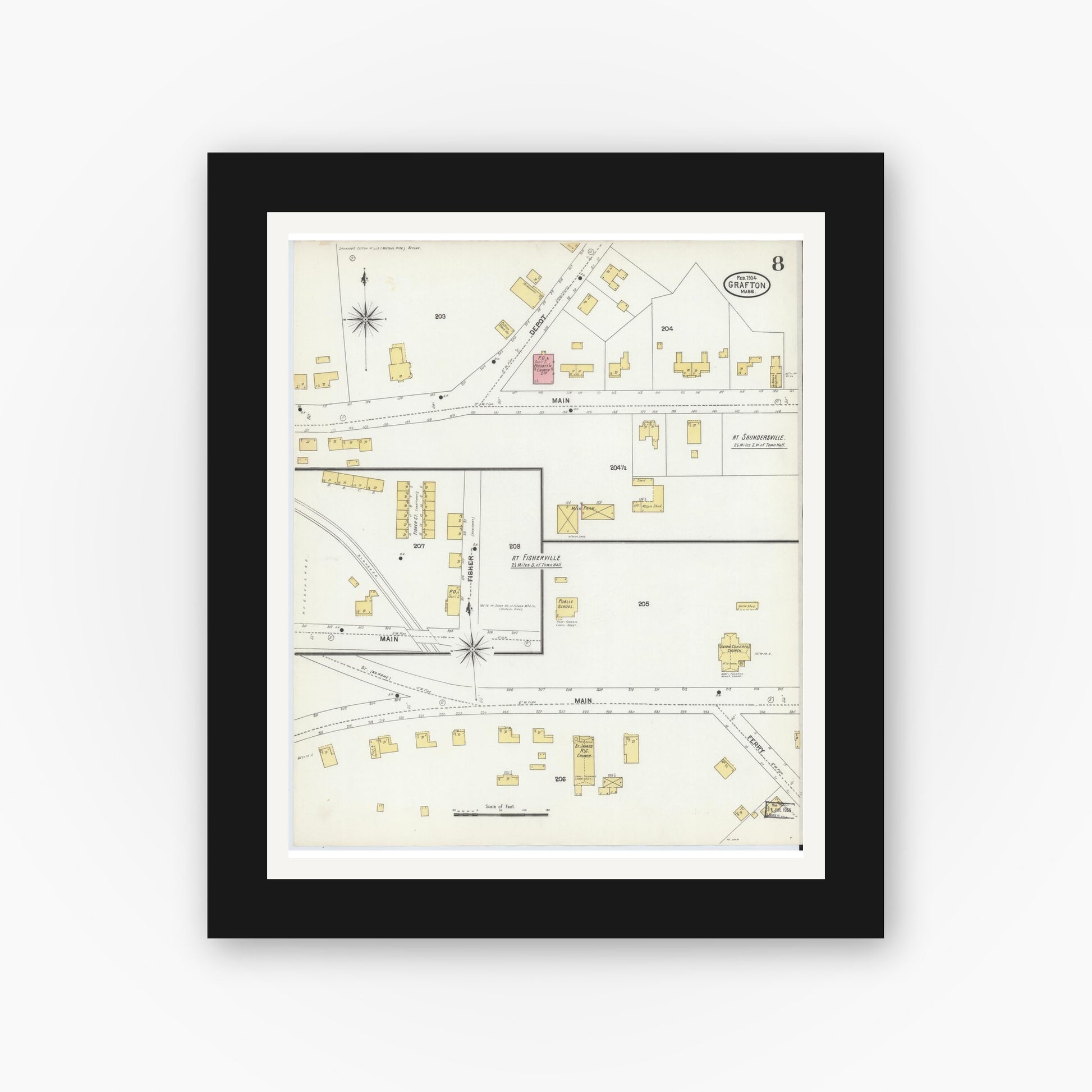Old map wall art mockup — black gallery frame with white mat — Sanborn Fire Insurance Map from Grafton, Worcester County, Massachusetts (1904), Sheet #0008