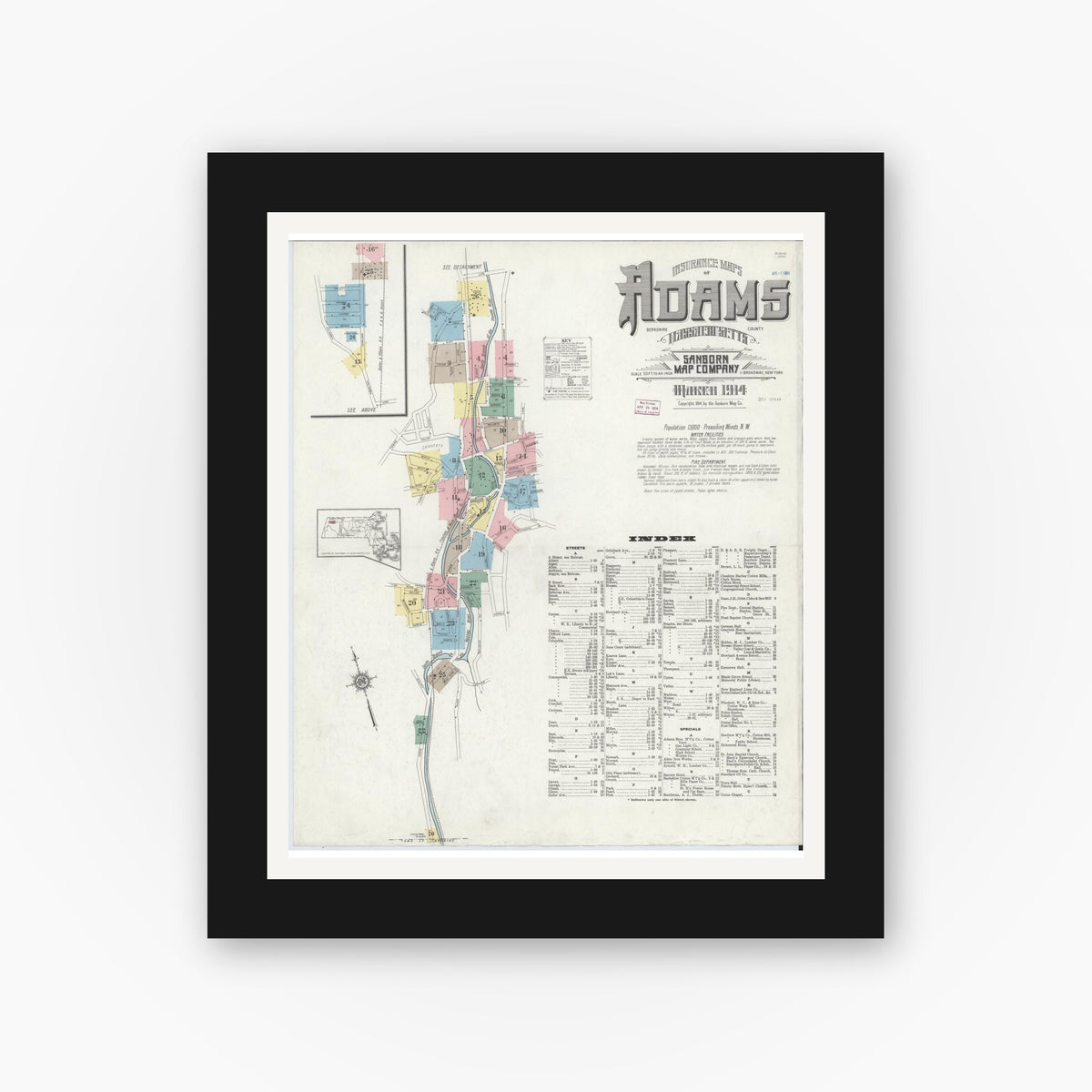 Old map wall art mockup — black gallery frame with white mat — Sanborn Fire Insurance Map from Adams, Berkshire County, Massachusetts (1914) - Complete Map Set