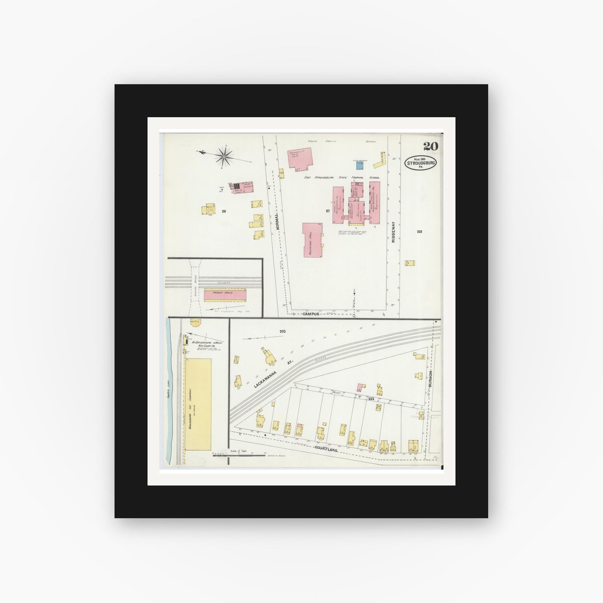 Old map wall art mockup — black gallery frame with white mat — Sanborn Fire Insurance Map from Stroudsburg, Monroe County, Pennsylvania (1905), Sheet #0020