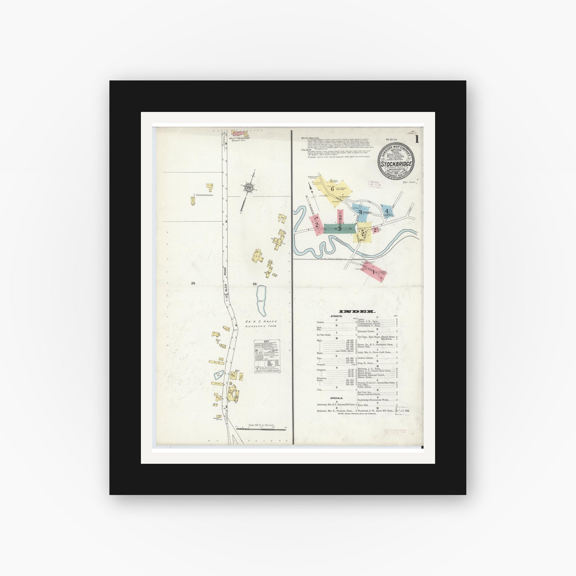 Old map wall art mockup — black gallery frame with white mat — Sanborn Fire Insurance Map from Stockbridge, Berkshire County, Massachusetts (1911) - Complete Map Set