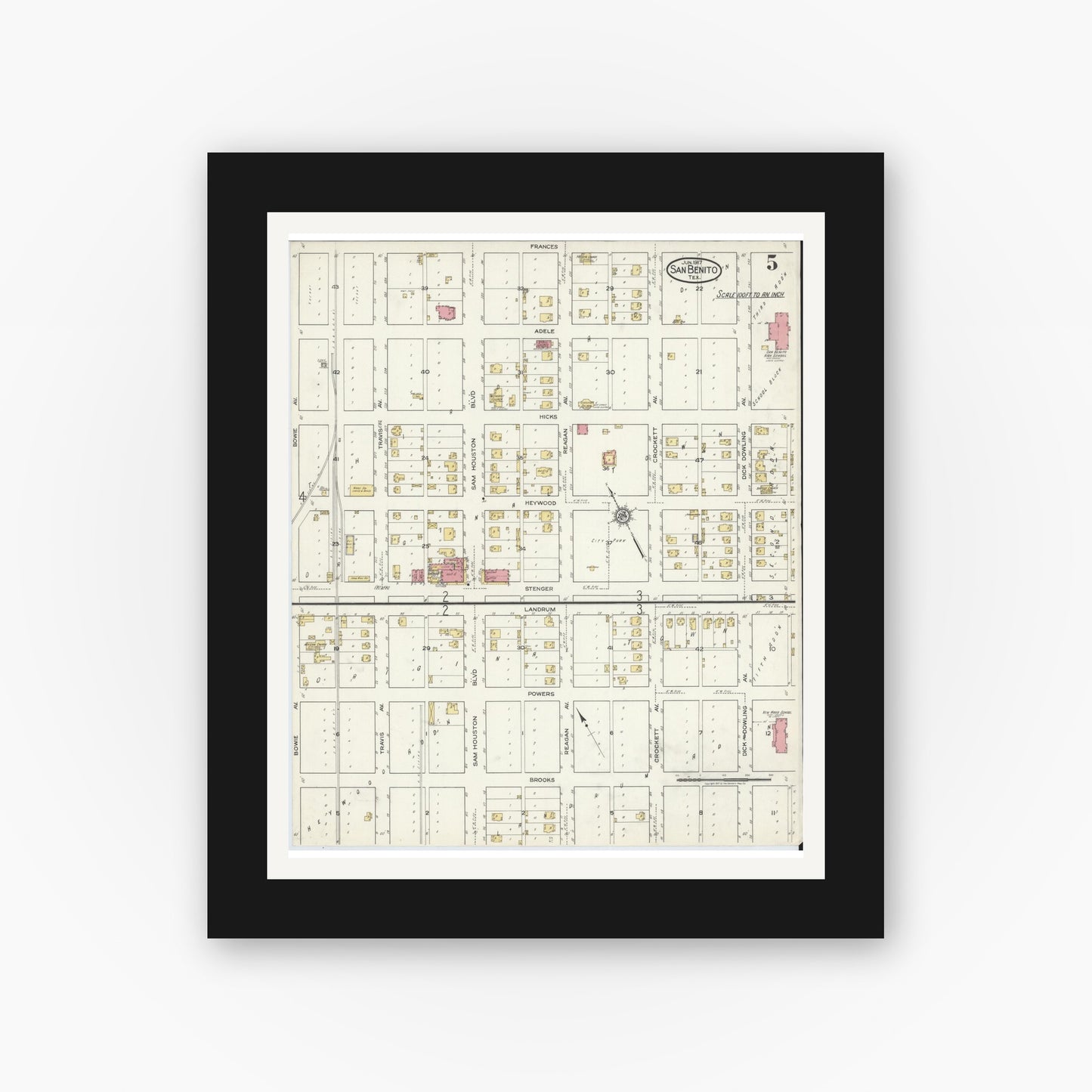 Old map wall art mockup — black gallery frame with white mat — Sanborn Fire Insurance Map from San Benito, Cameron County, Texas (1917), Sheet #0005