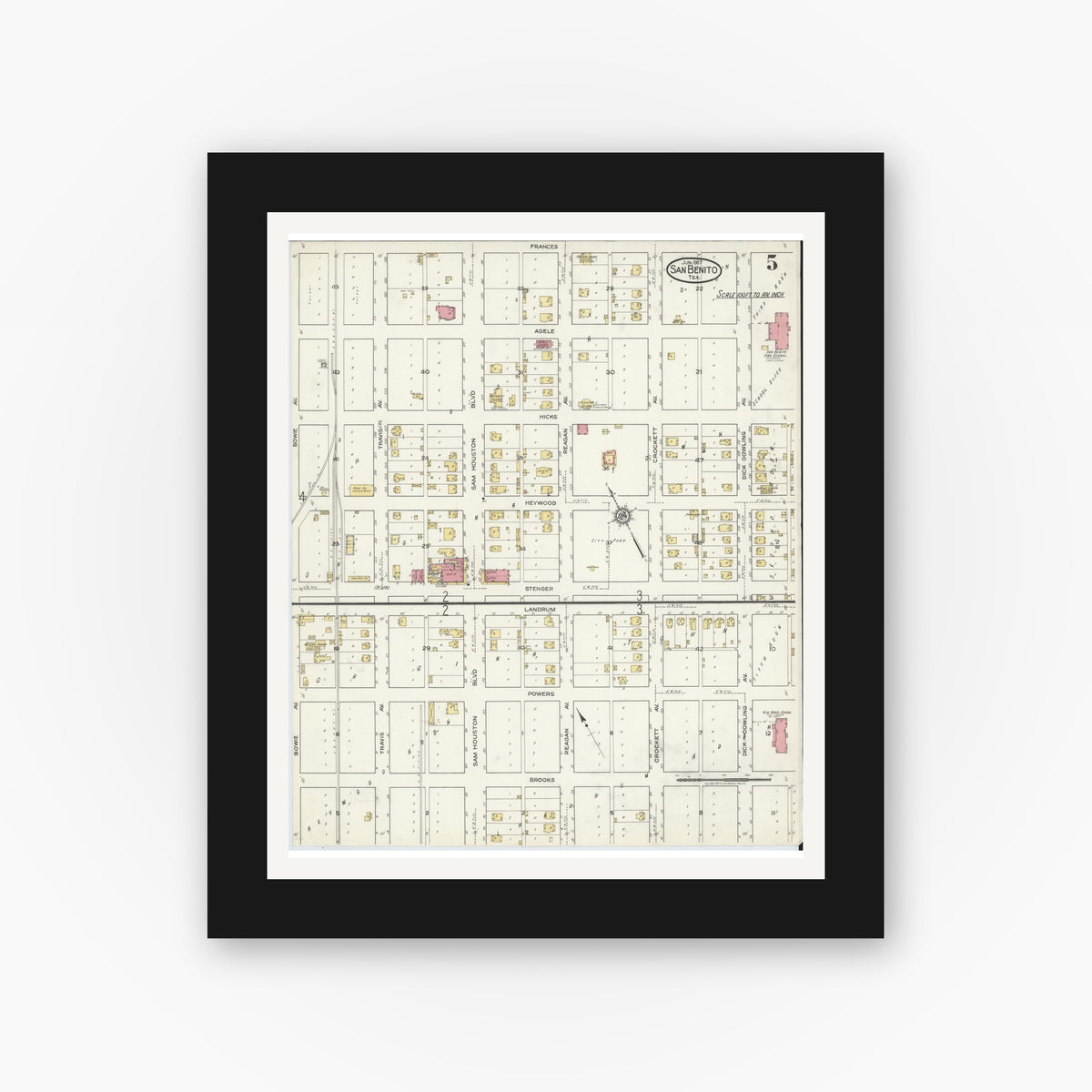 Old map wall art mockup — black gallery frame with white mat — Sanborn Fire Insurance Map from San Benito, Cameron County, Texas (1917), Sheet #0005