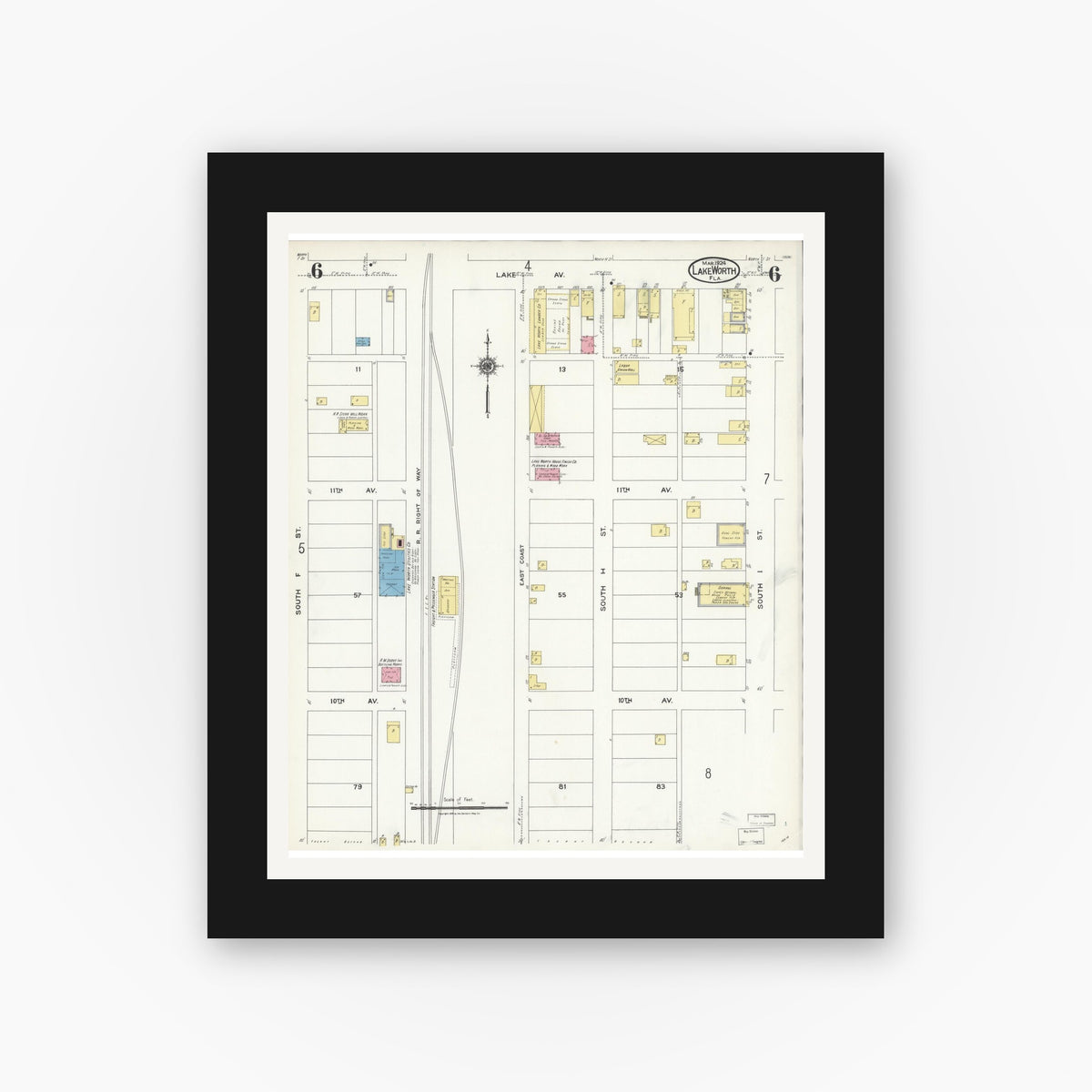 Old map wall art mockup — black gallery frame with white mat — Sanborn Fire Insurance Map from Lake Worth, Palm Beach County, Florida (1924), Sheet #0006