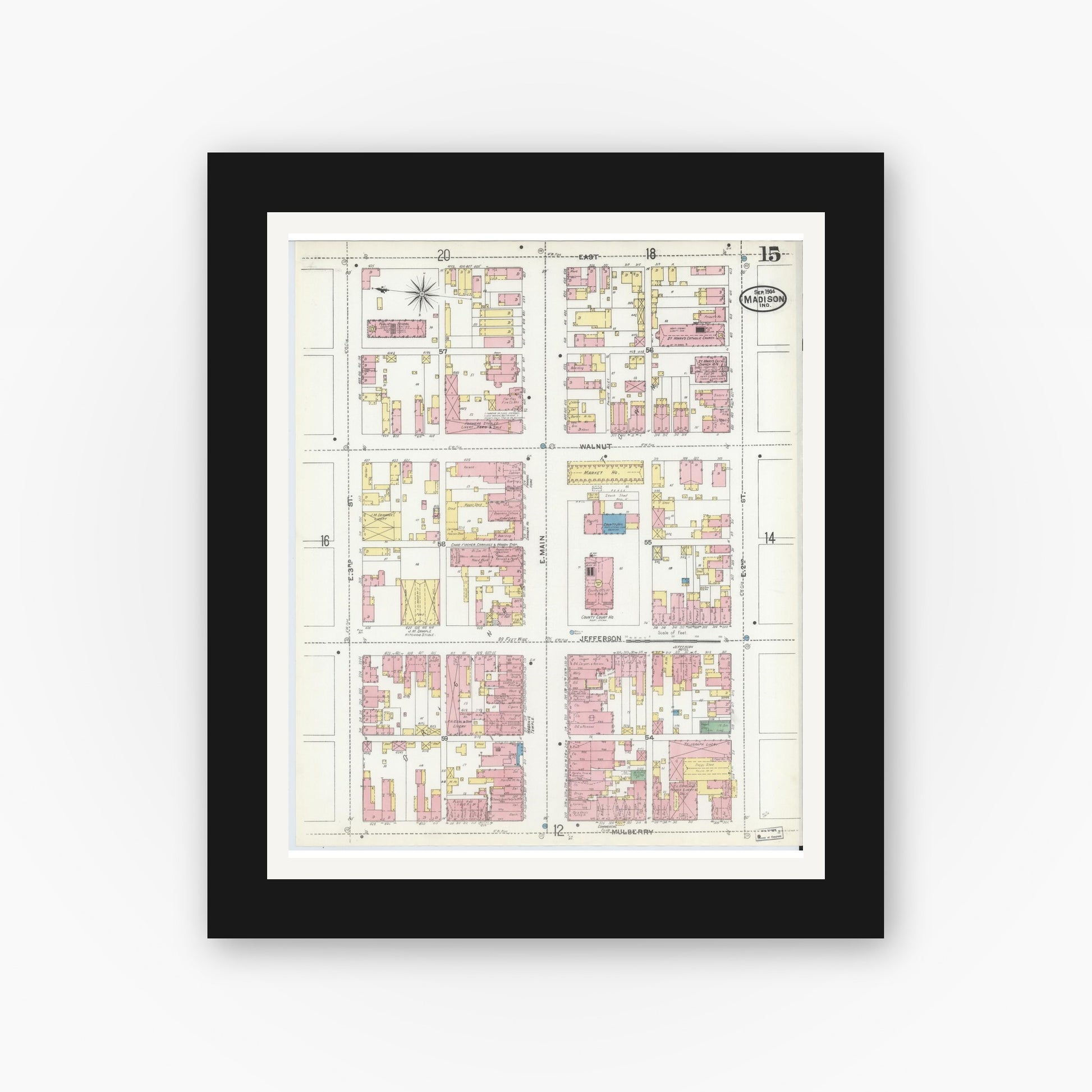 Old map wall art mockup — black gallery frame with white mat — Sanborn Fire Insurance Map from Madison, Jefferson County, Indiana (1904), Sheet #0015