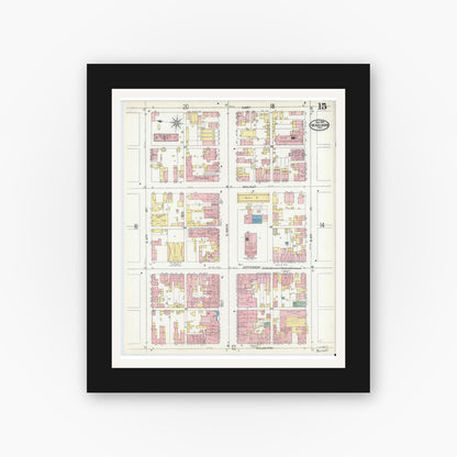 Old map wall art mockup — black gallery frame with white mat — Sanborn Fire Insurance Map from Madison, Jefferson County, Indiana (1904), Sheet #0015