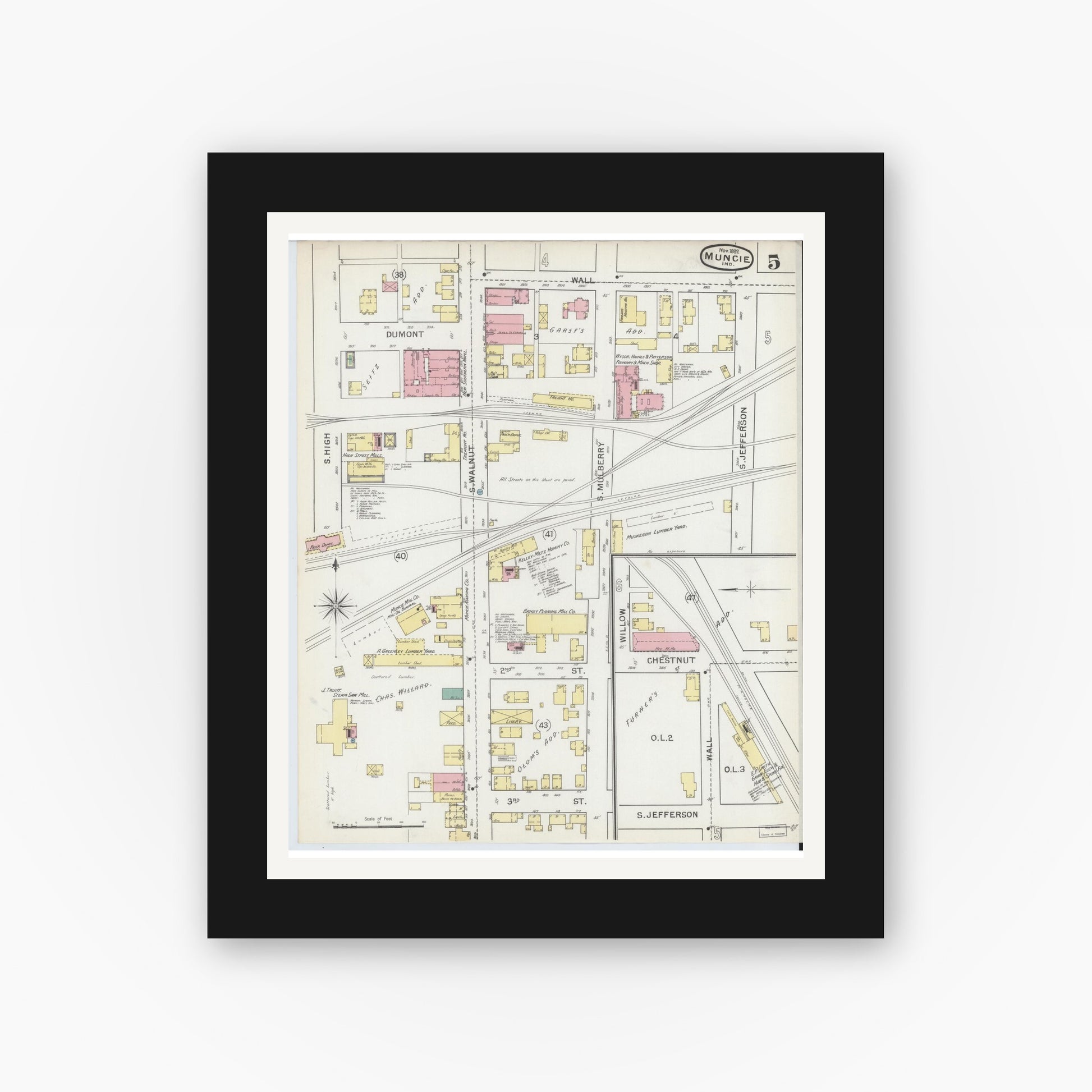 Old map wall art mockup — black gallery frame with white mat — Sanborn Fire Insurance Map from Muncie, Delaware County, Indiana (1892), Sheet #0005