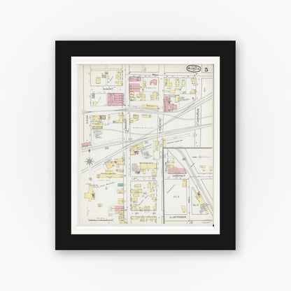 Old map wall art mockup — black gallery frame with white mat — Sanborn Fire Insurance Map from Muncie, Delaware County, Indiana (1892), Sheet #0005