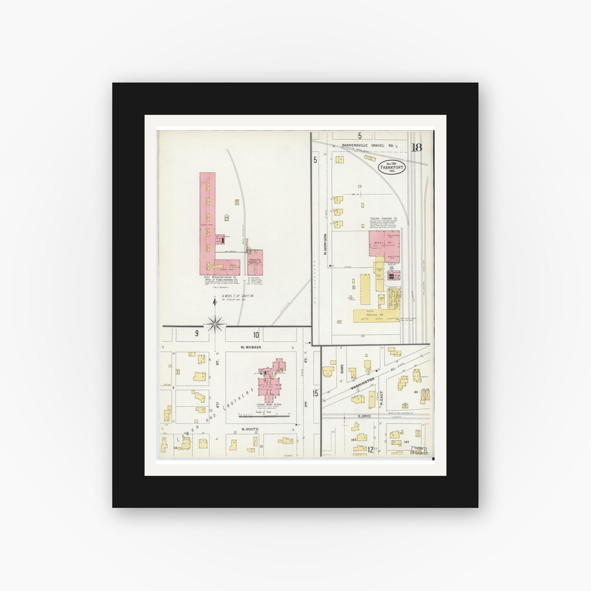 Old map wall art mockup — black gallery frame with white mat — Sanborn Fire Insurance Map from Frankfort, Clinton County, Indiana (1906), Sheet #0018