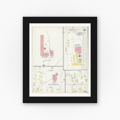 Old map wall art mockup — black gallery frame with white mat — Sanborn Fire Insurance Map from Frankfort, Clinton County, Indiana (1906), Sheet #0018