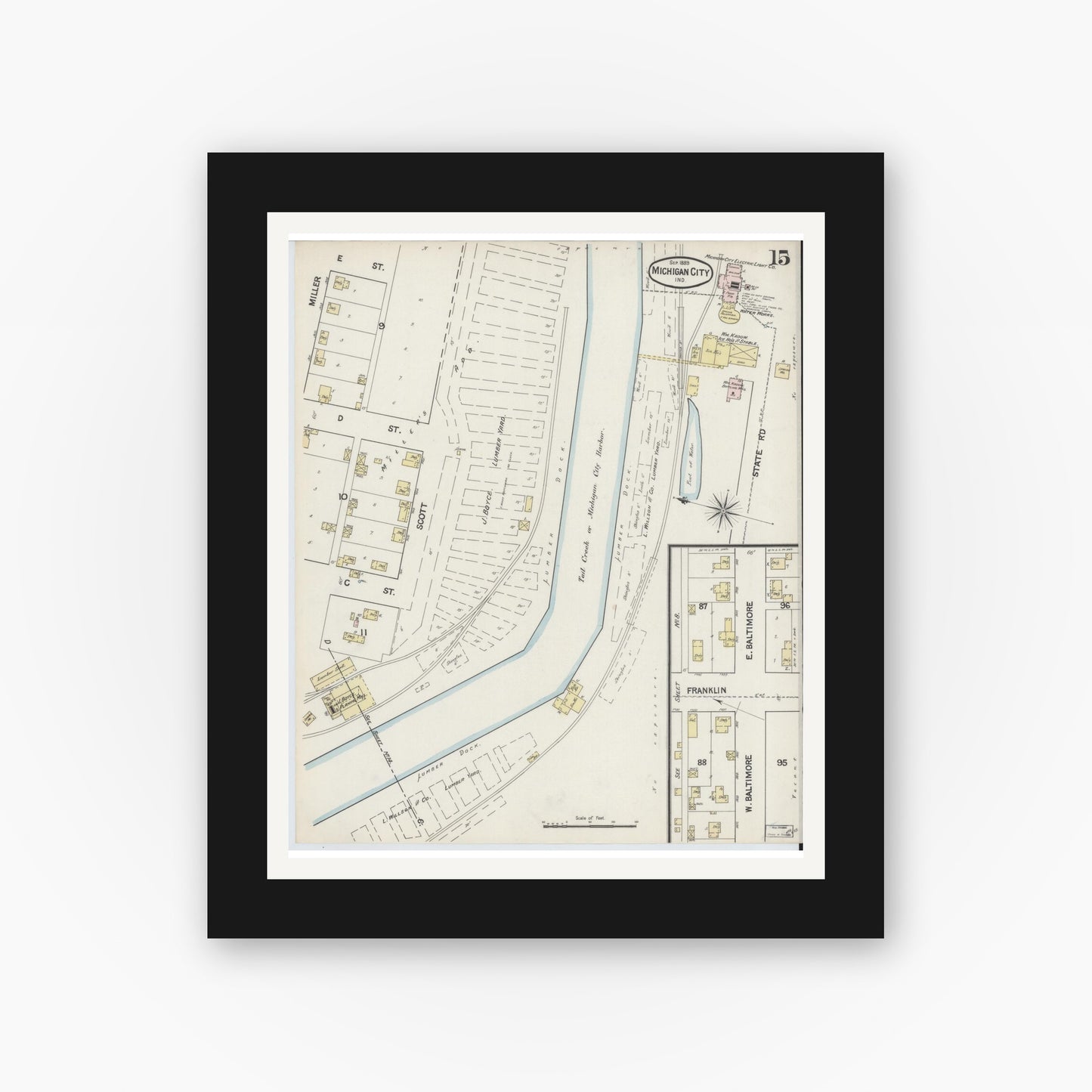Old map wall art mockup — black gallery frame with white mat — Sanborn Fire Insurance Map from Michigan City, La Porte County, Indiana (1889), Sheet #0015